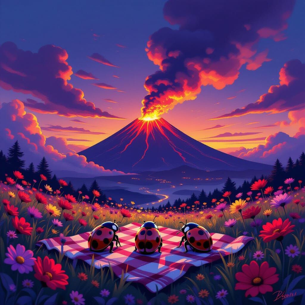 Ladybugs Picnic at Active Volcano Dusk Landscape