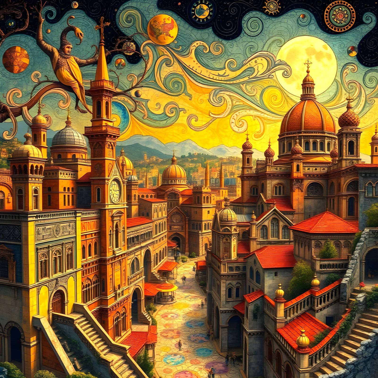 Embroidered Cityscape in Art Nouveau Style