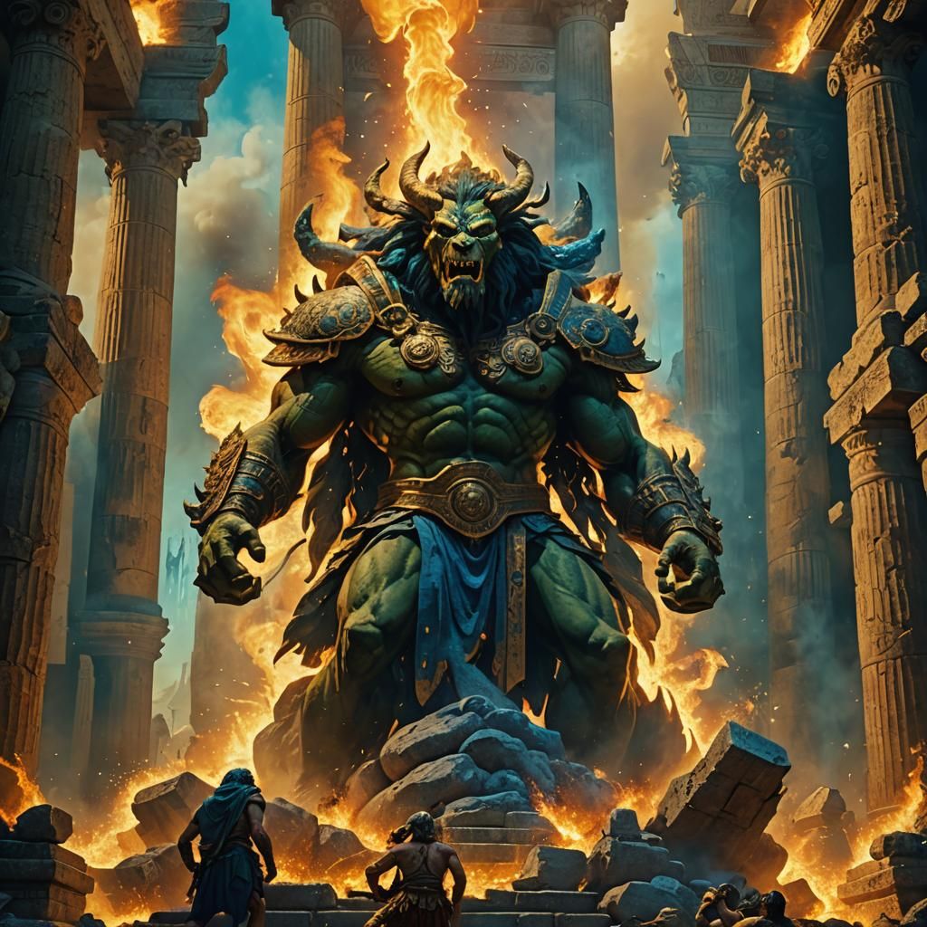 Giant Devouring Temple in Magical Fire, Fantasy Art