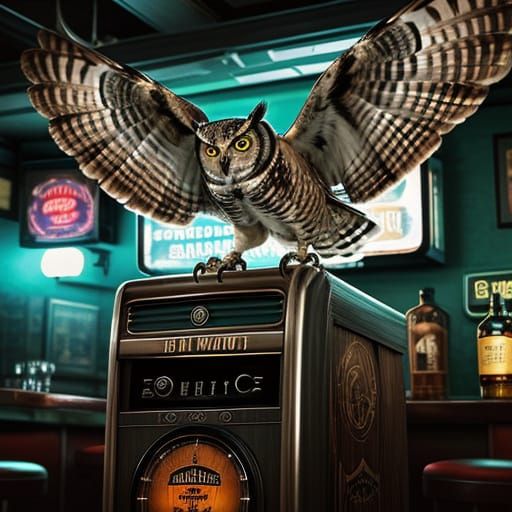 Great Horned Owl on Jukebox in Dive Bar