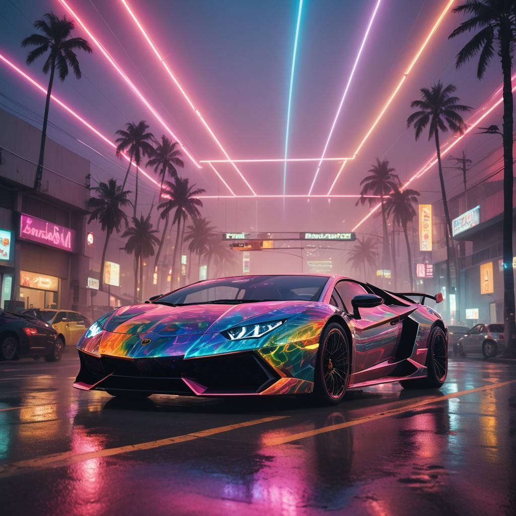 Rainbow Lamborghini in Neon Dreamscape, Murakami Style
