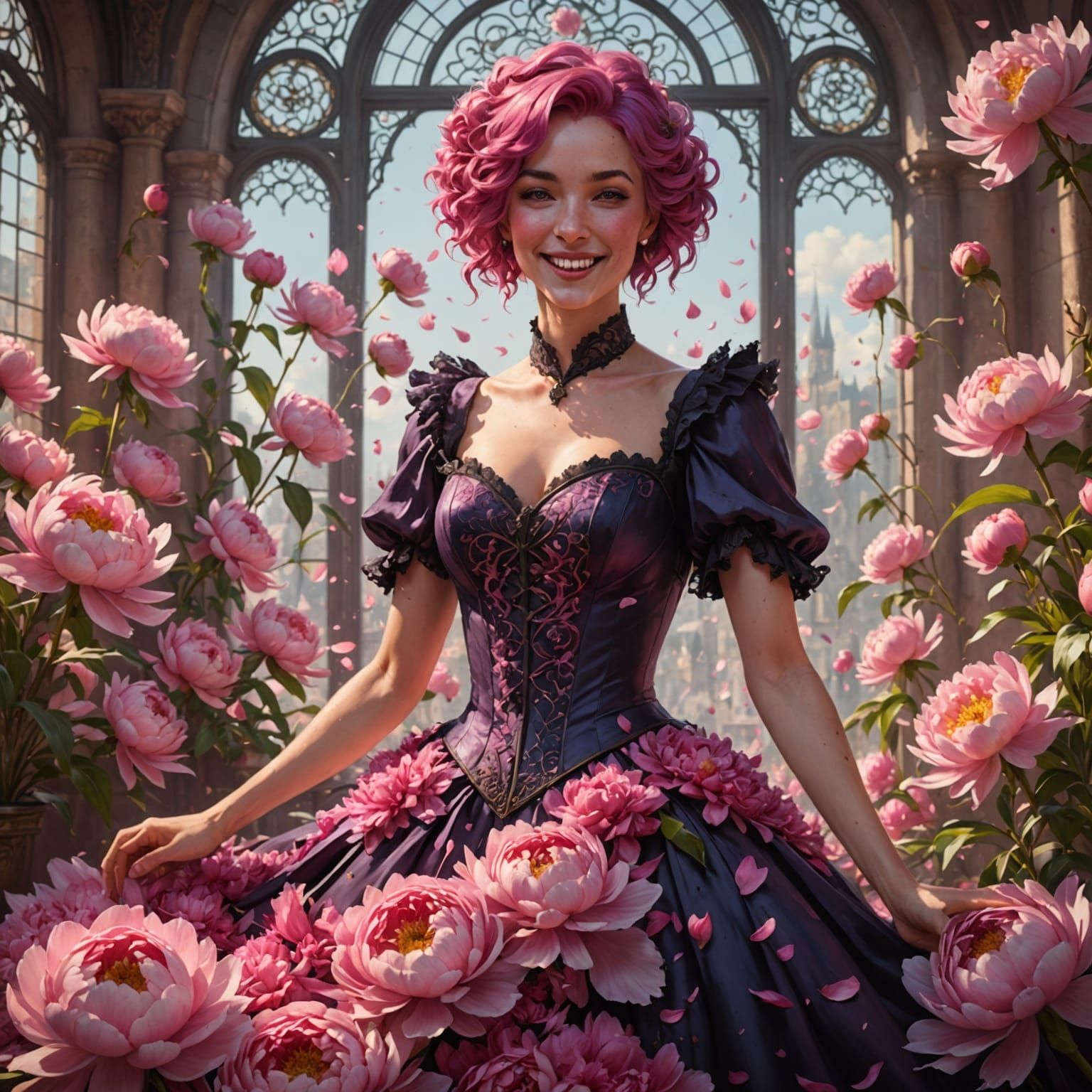 Gothic Pink Peony Gown With Pink Haired Woman
