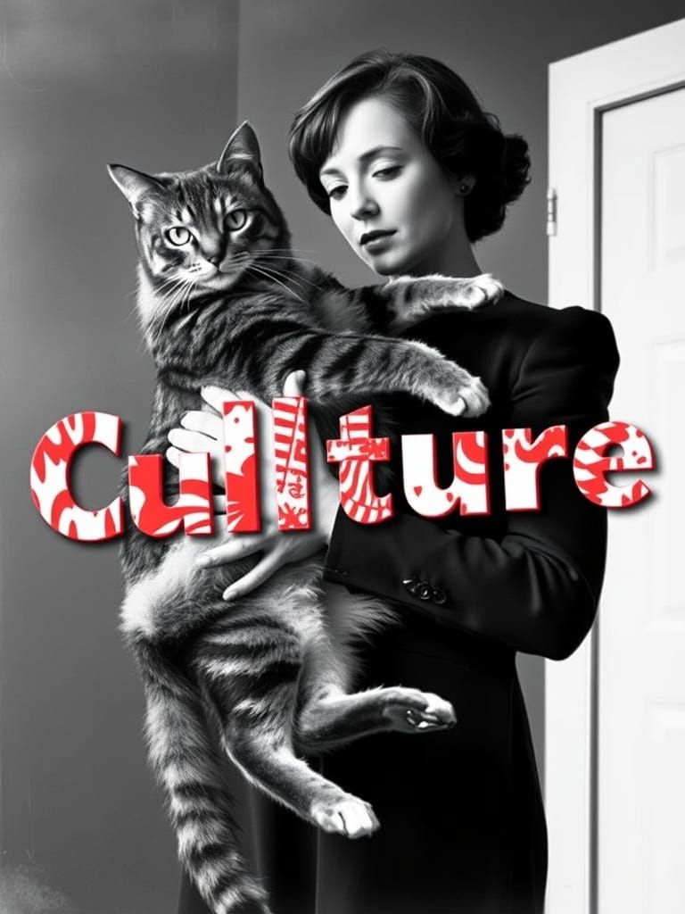 Surreal B&W Photo: Woman Holds Giant Cat with "Culture"