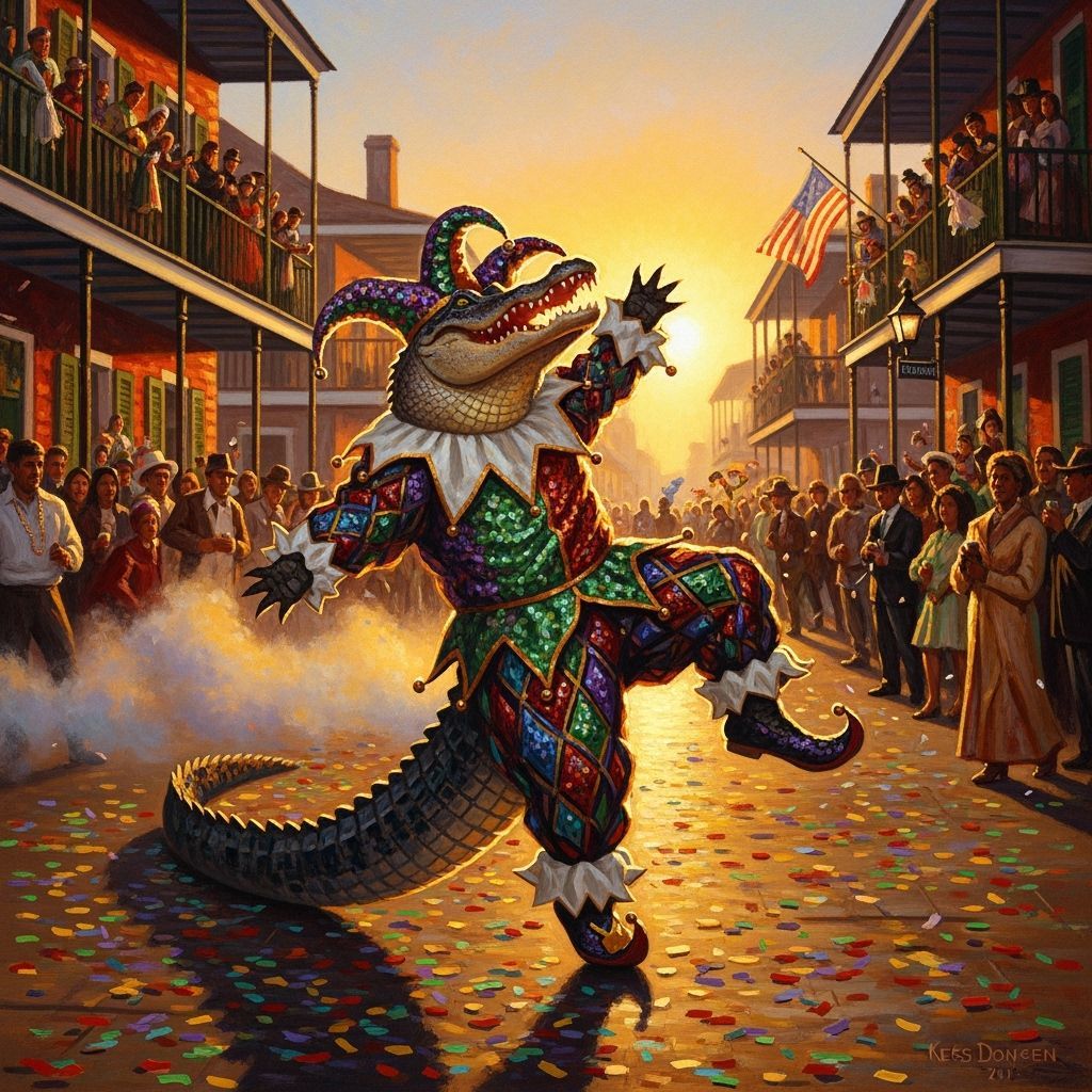 Alligator Dances in Mardi Gras Jester Costume at Sunset