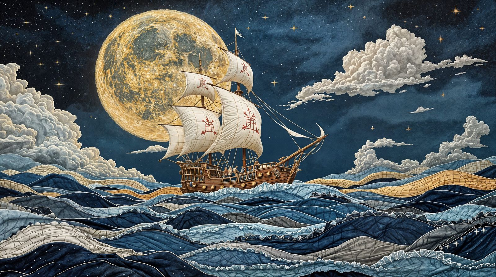 Surreal Voyage on a Tapestry Sea in Whimsical Textile Style