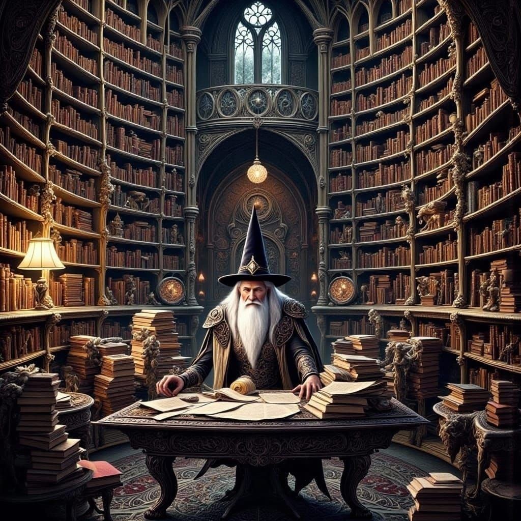 Enchanting Magical Library with Ancient Mage