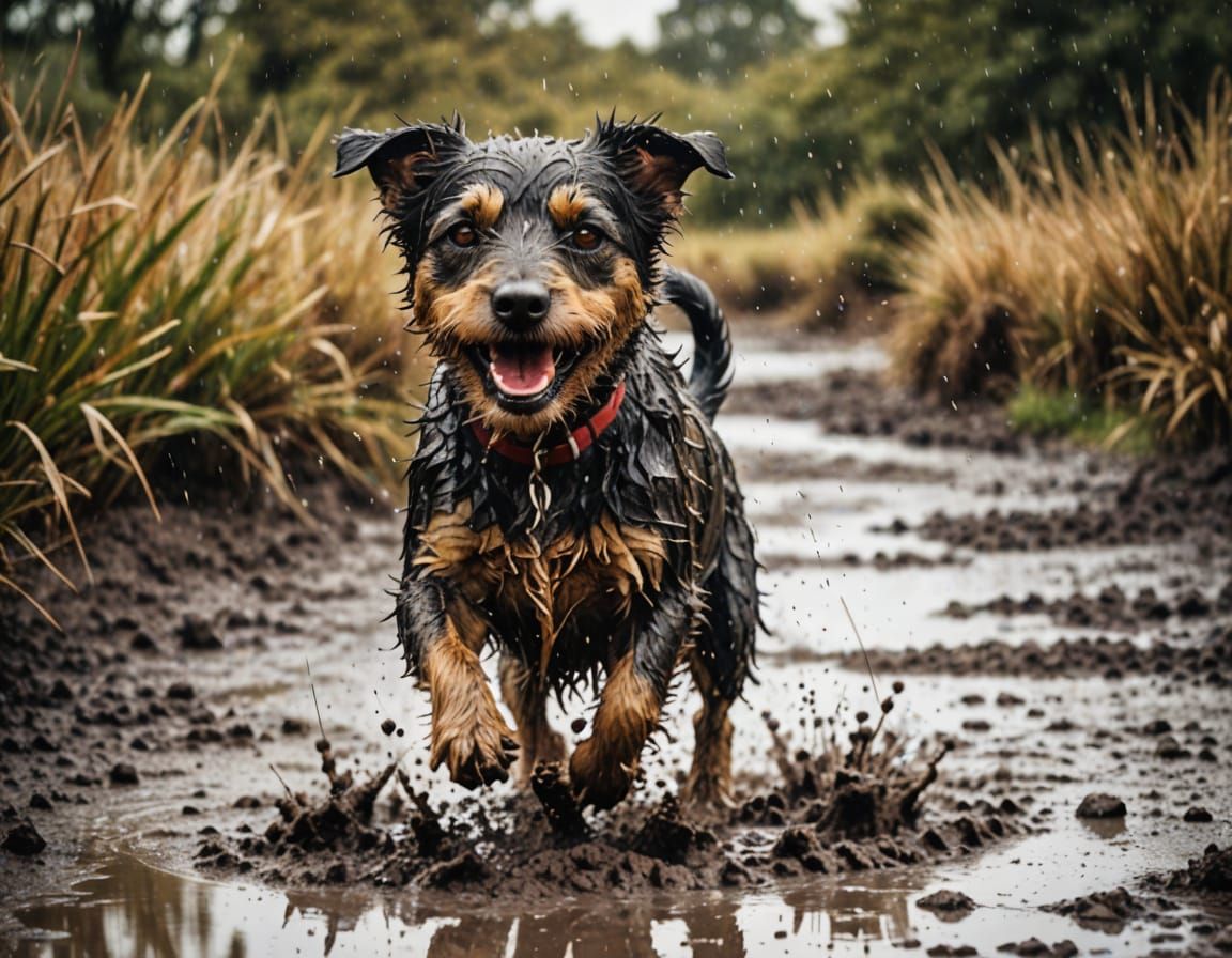 Happy Mongrel Terrier Splashing in Mud
