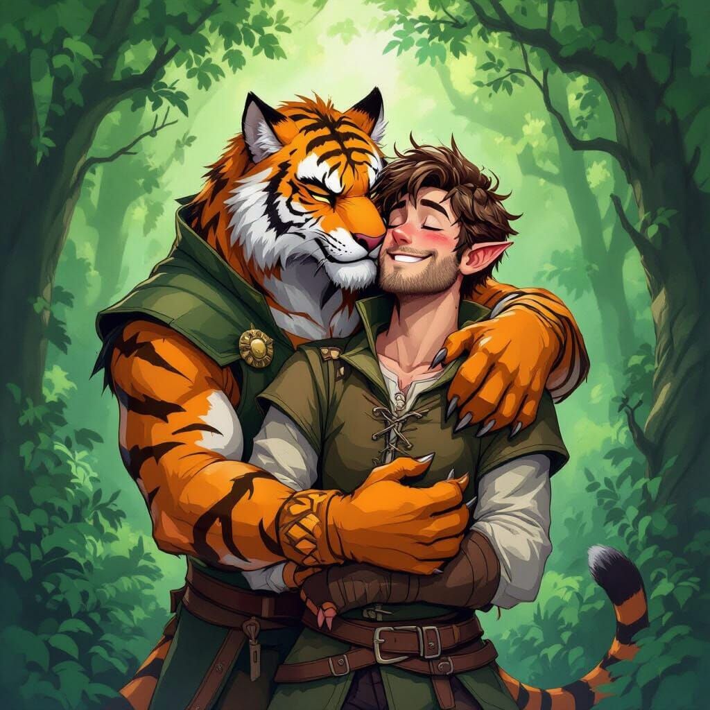 Fantasy Forest Scene: Weretiger Affectionate with Mage