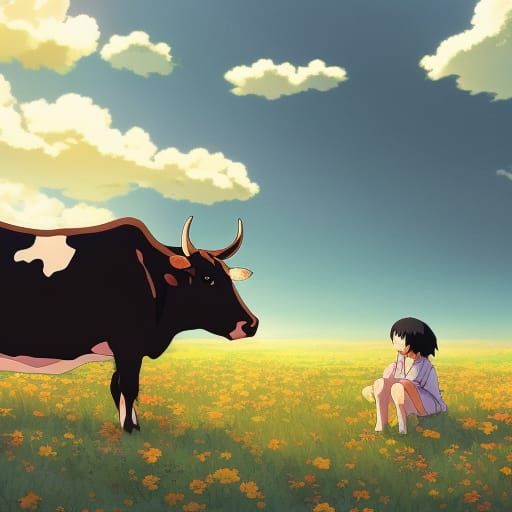 Cow and Bee in Studio Ghibli Anime Style