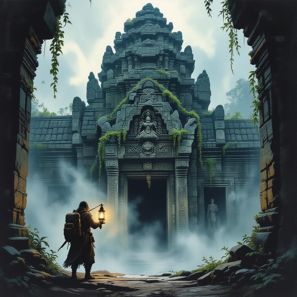 Explorer at Ancient Temple Entrance in Gouache Painting Styl...
