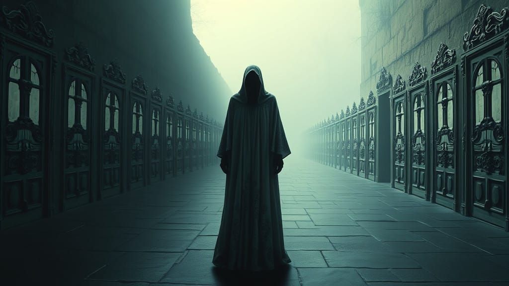 Dreamlike Chamber with 32 Doors in Eerie Stillness