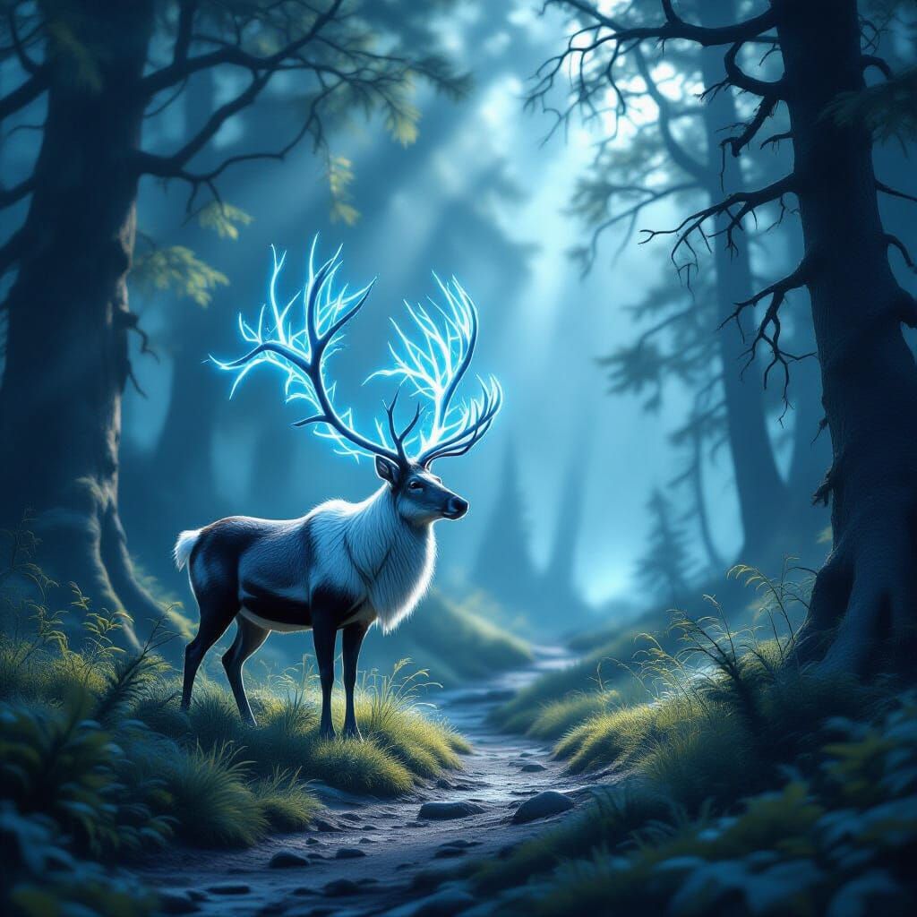 Majestic Reindeer With Glowing Antlers In Ancient Forest