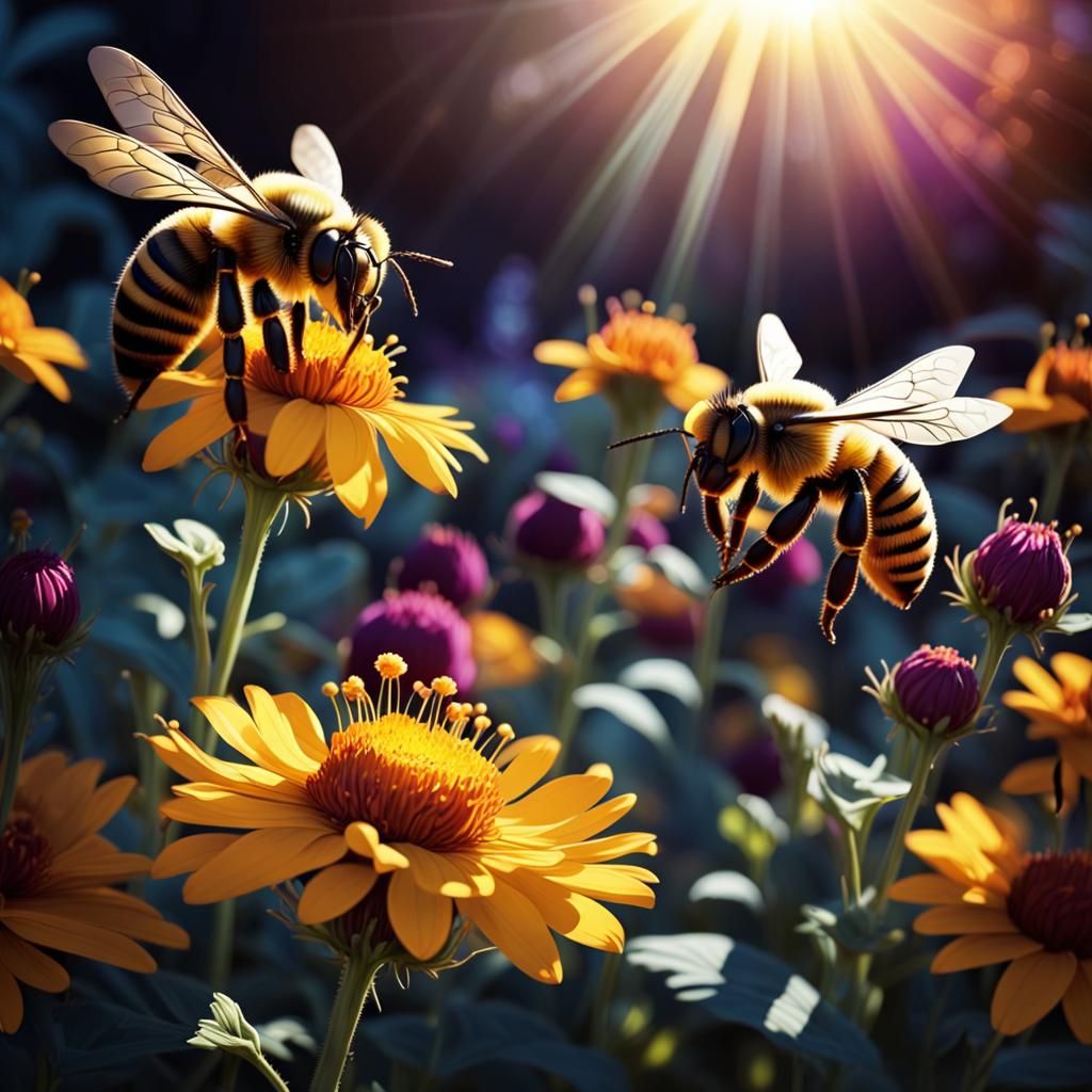 Bees and Flowers in Garden with Cel Shading