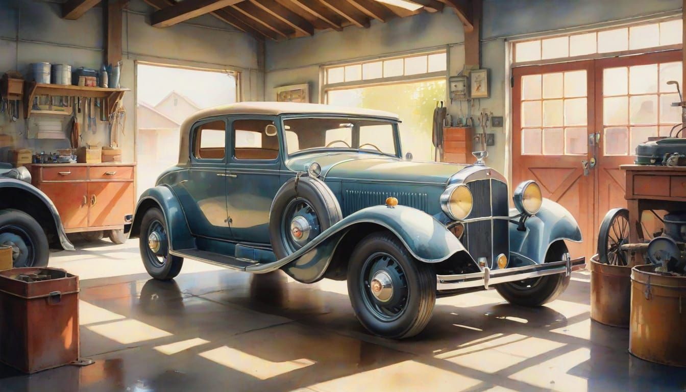 Vintage Car in Garage Watercolor Painting with Muted Tones