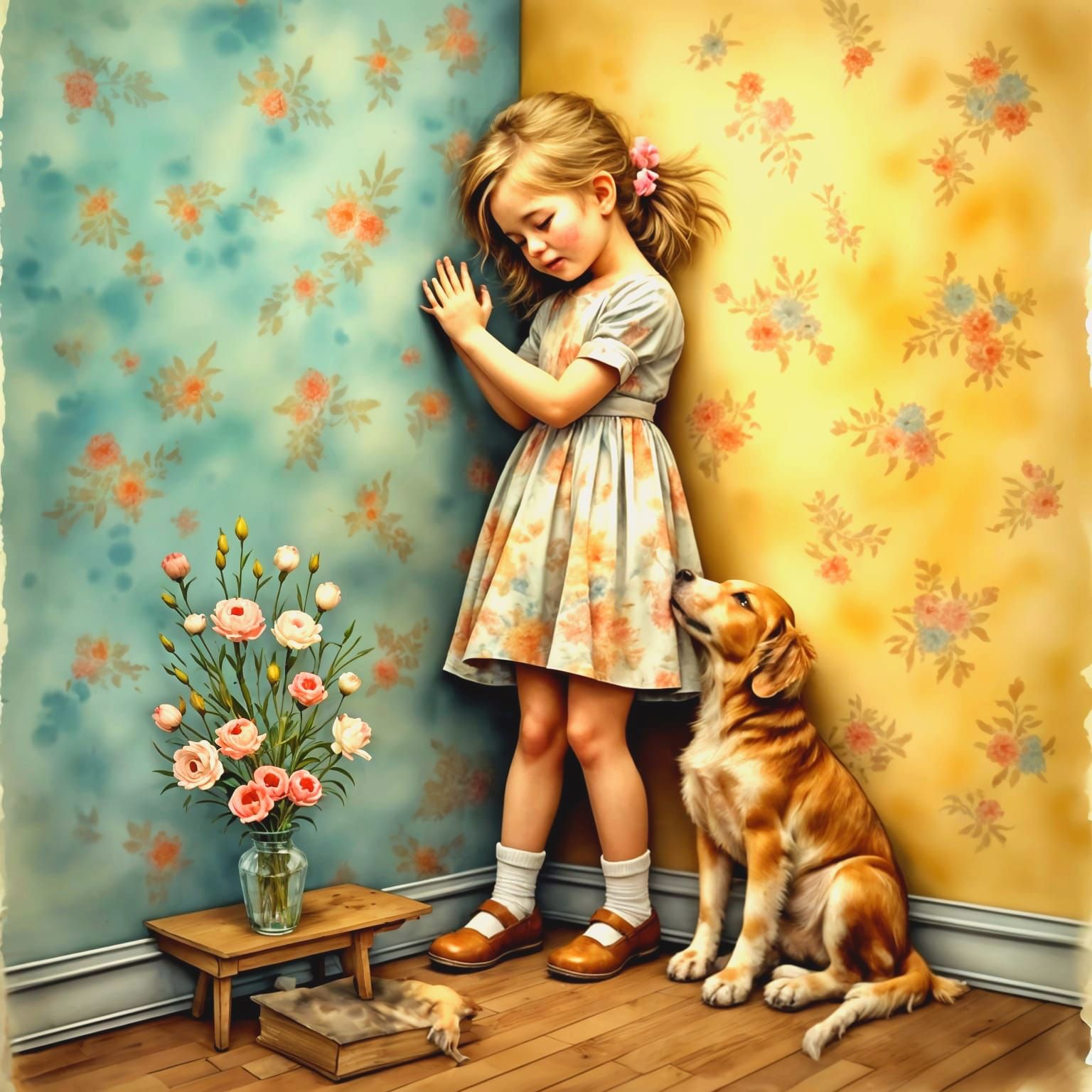 Girl Crying with Dog in Antique Watercolor Style