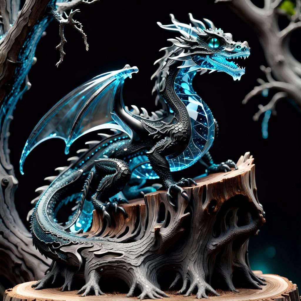 Bioluminescent Crystal Dragon Sculpture on Tree Stump