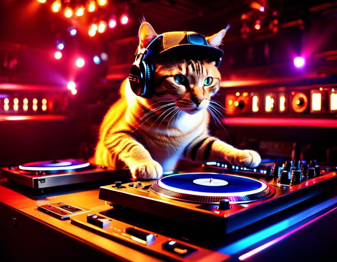 Cat as Hip-Hop DJ in Nightclub, Photorealistic
