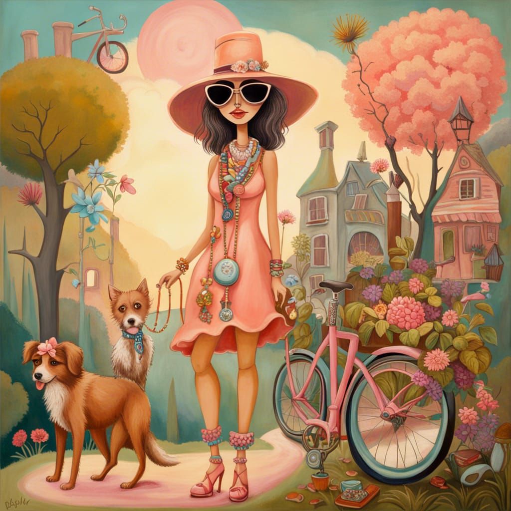Whimsical Surreal Painting of Bohemian Woman and Dog