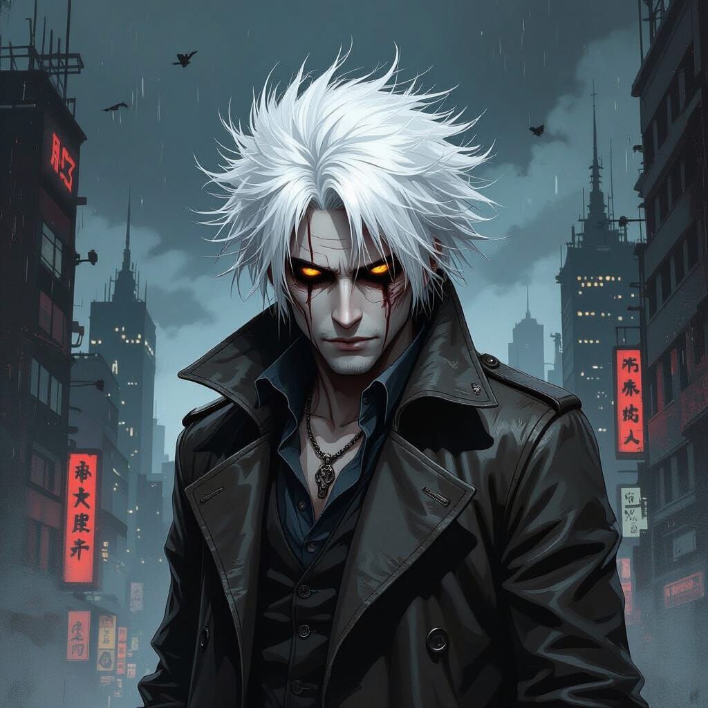 Brooding White-Haired Man in Dark Fantasy Anime Style