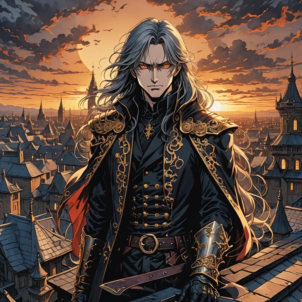 Alucard on Gothic Rooftop: Dark Fantasy Manga Illustration