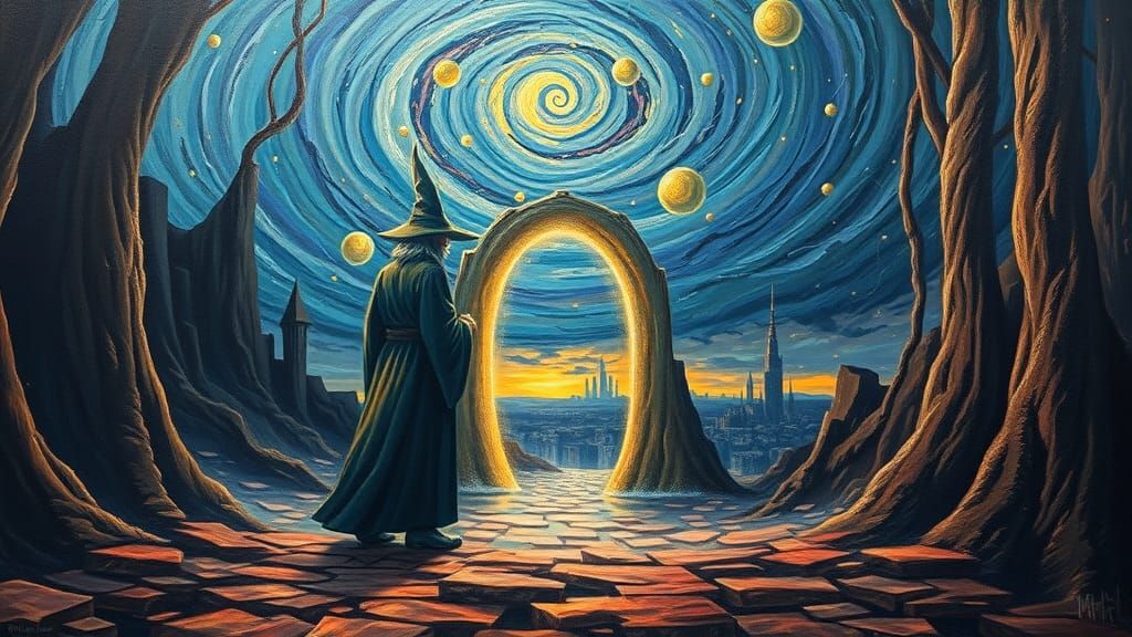Wizard in Surreal Landscape with Impasto Strokes