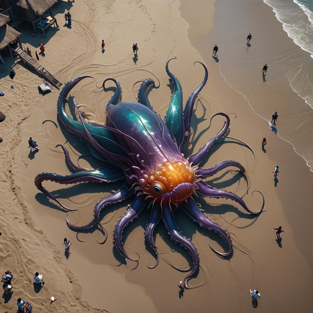 Eel-Human-Jellyfish Hybrid on the Beach: Detailed Matte Pain...