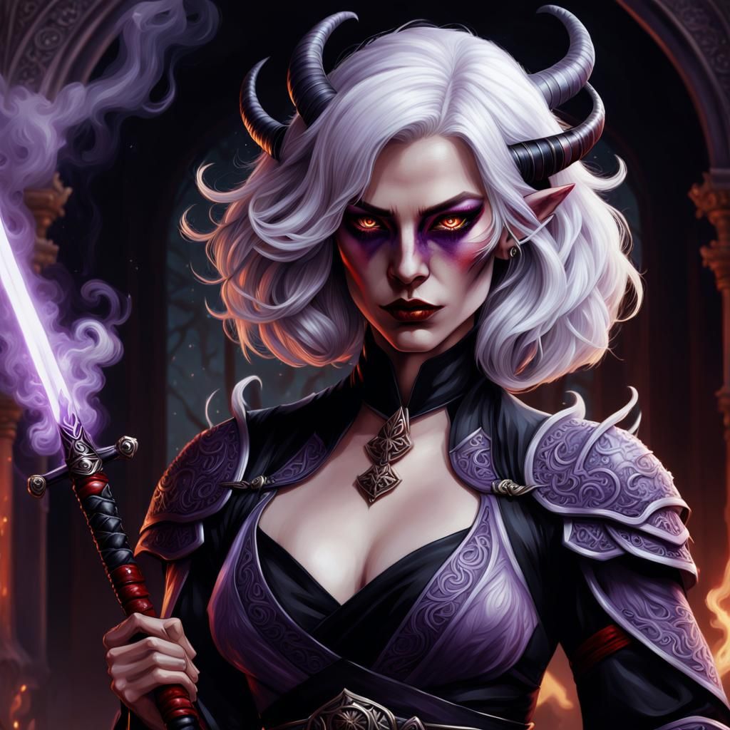 Tiefling Woman with Katana in Dark Fantasy Illustration