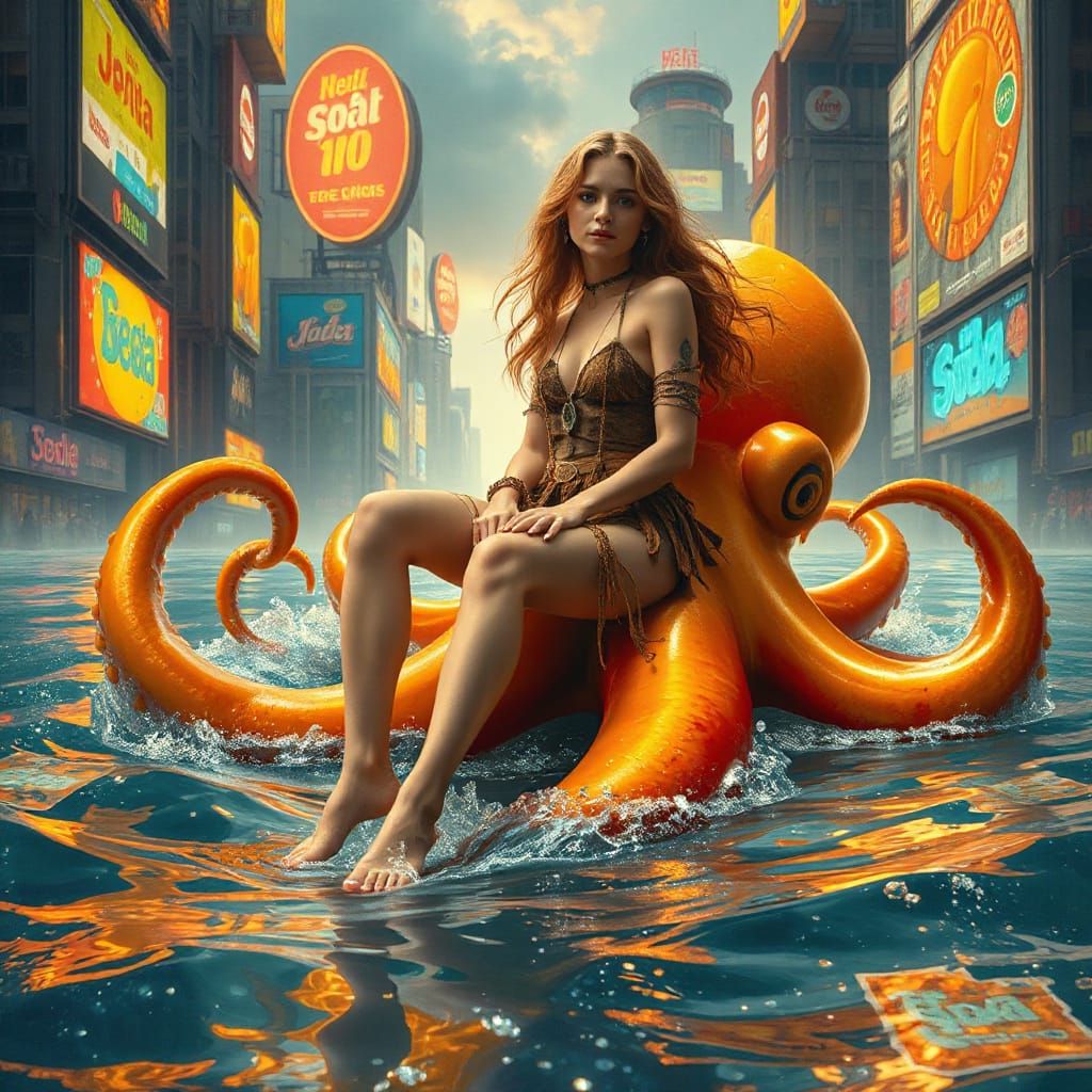 Woman on Giant Squid in Soda Ocean