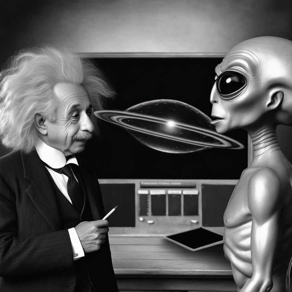 Einstein and a Friendly Alien Chat at Chalkboard