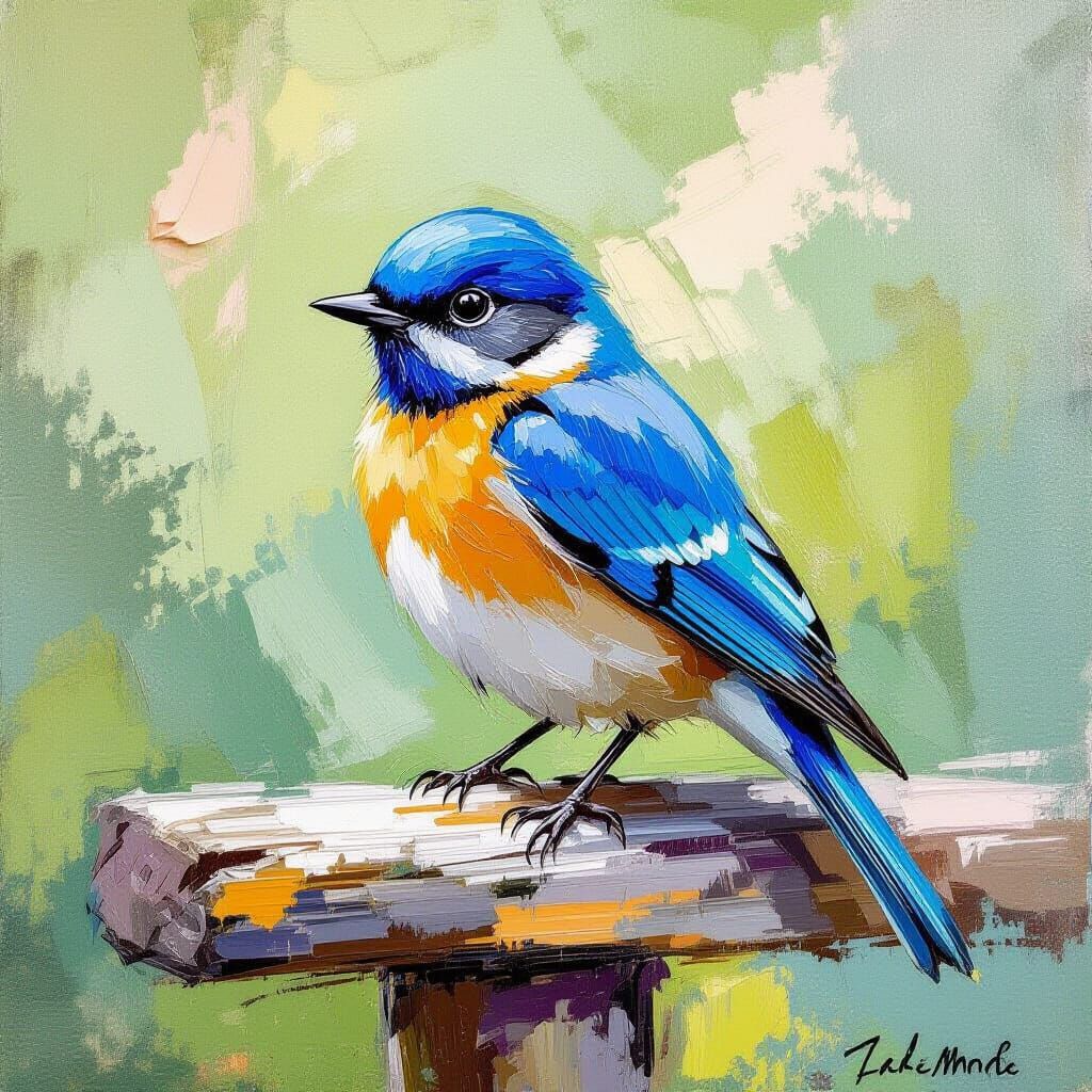 Blue Bird on Perch in Impressionist Style