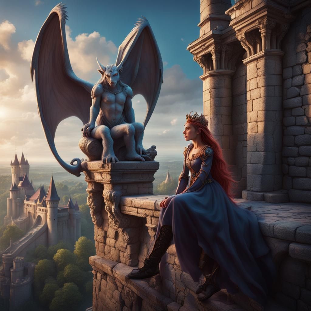 Gargoyle Guarding a Princess on Castle Ramparts