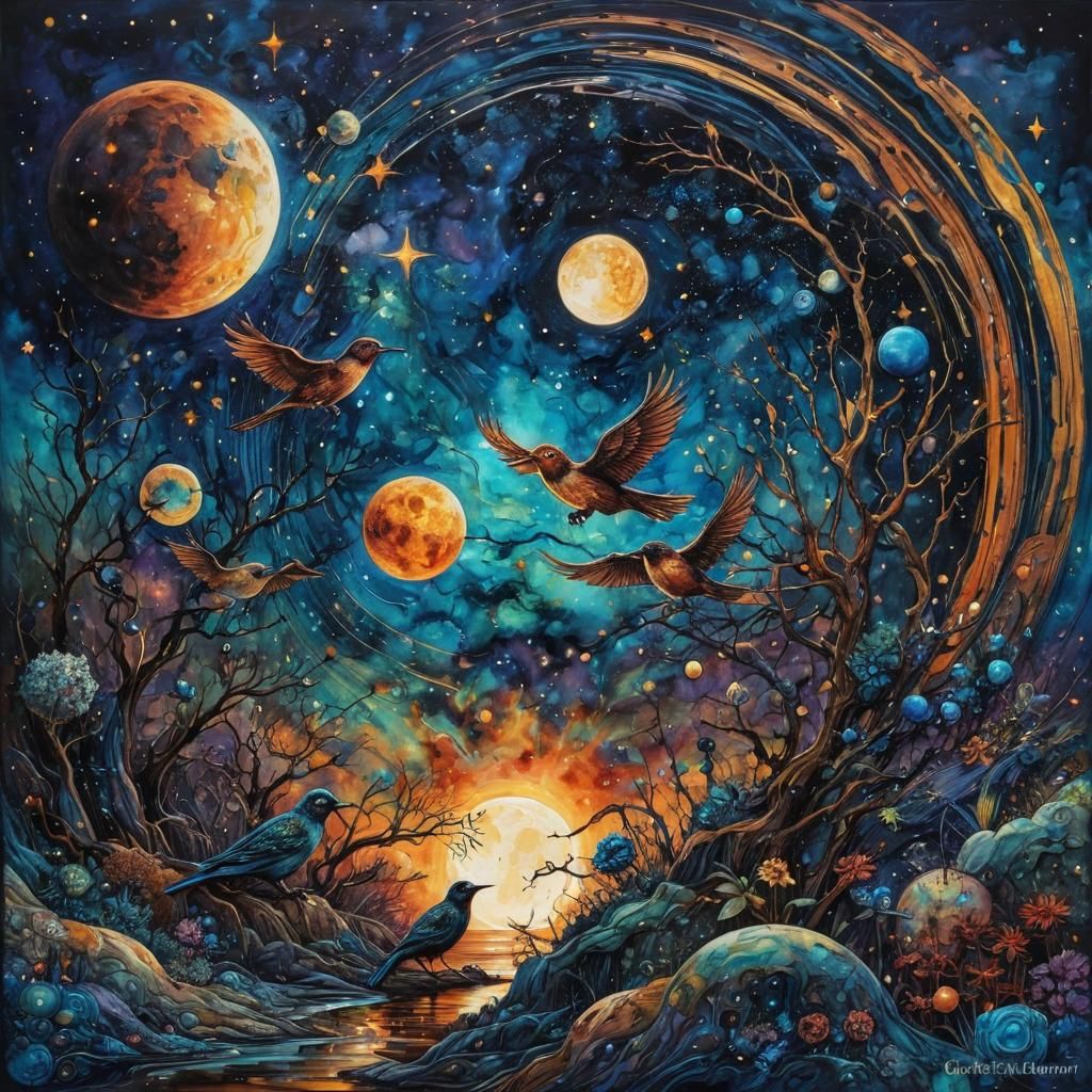 Celestial Birds: A Surreal Impressionistic Masterpiece