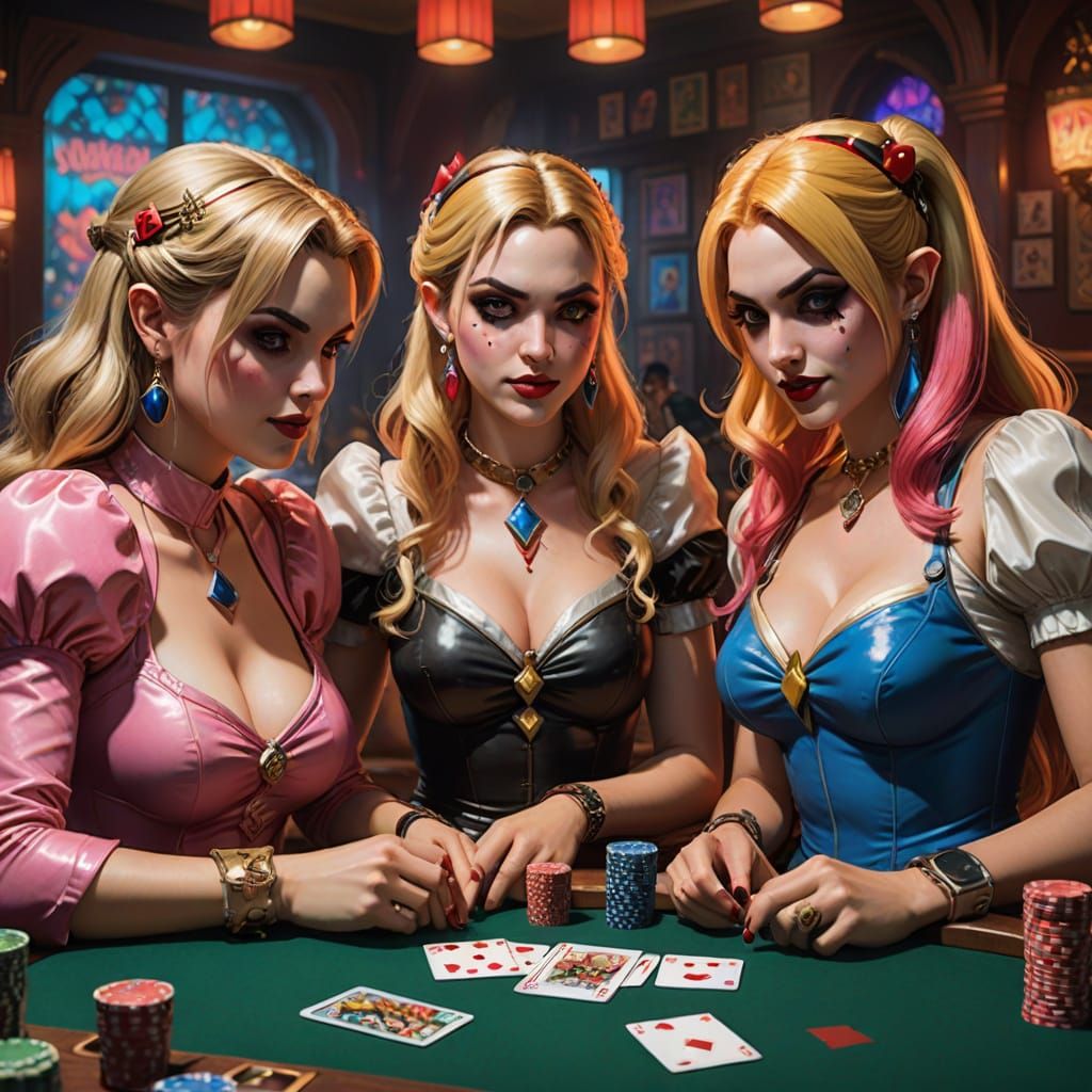 Sultry Female Icons in a Hyperrealistic Poker Scene