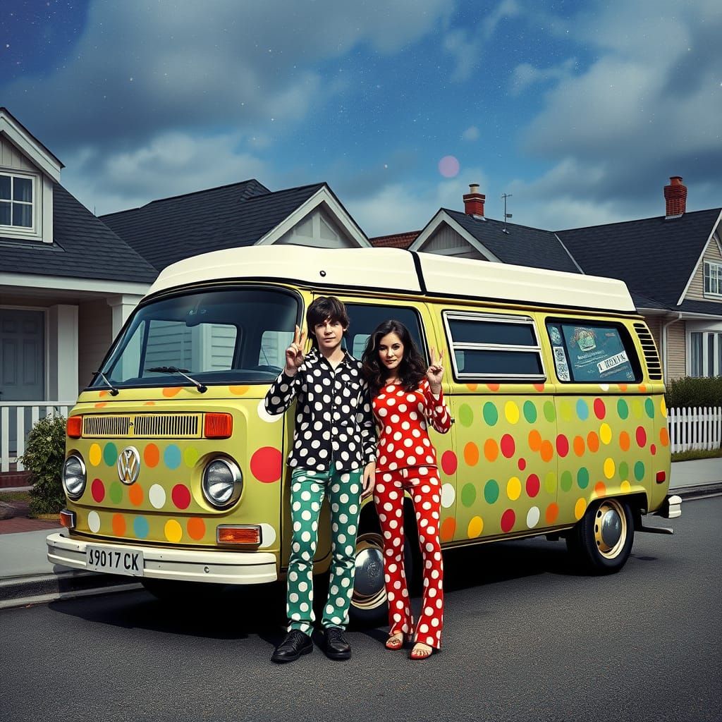 Polka Dot Hippy Van with Peace Sign, Cosmic Illustration