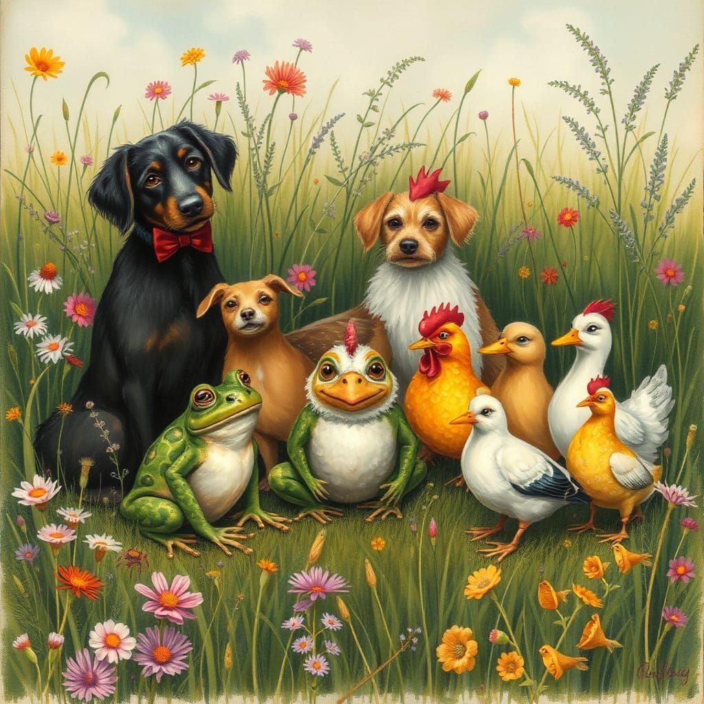 Whimsical Meadow: Frogs, Dogs, Chickens, and Ducks