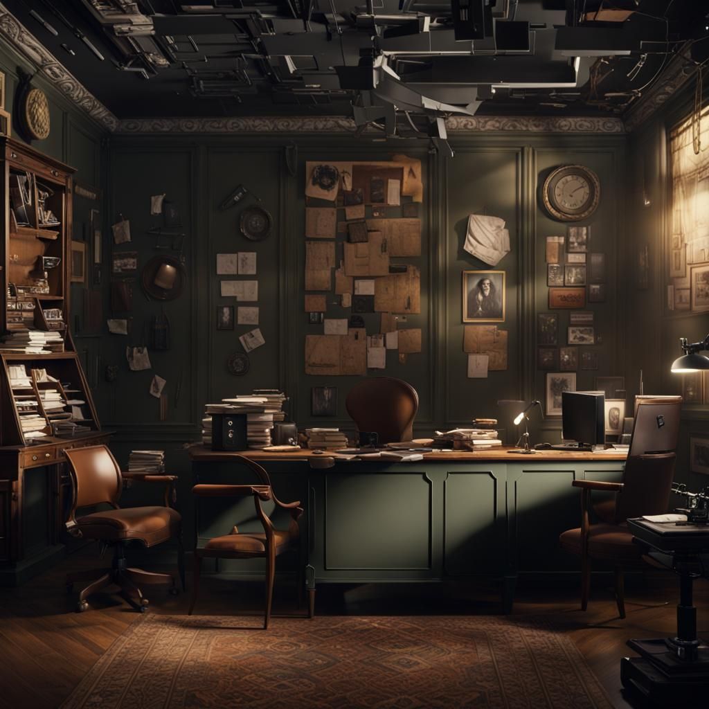 Cluttered Detective Office in Digital Matte Painting Style
