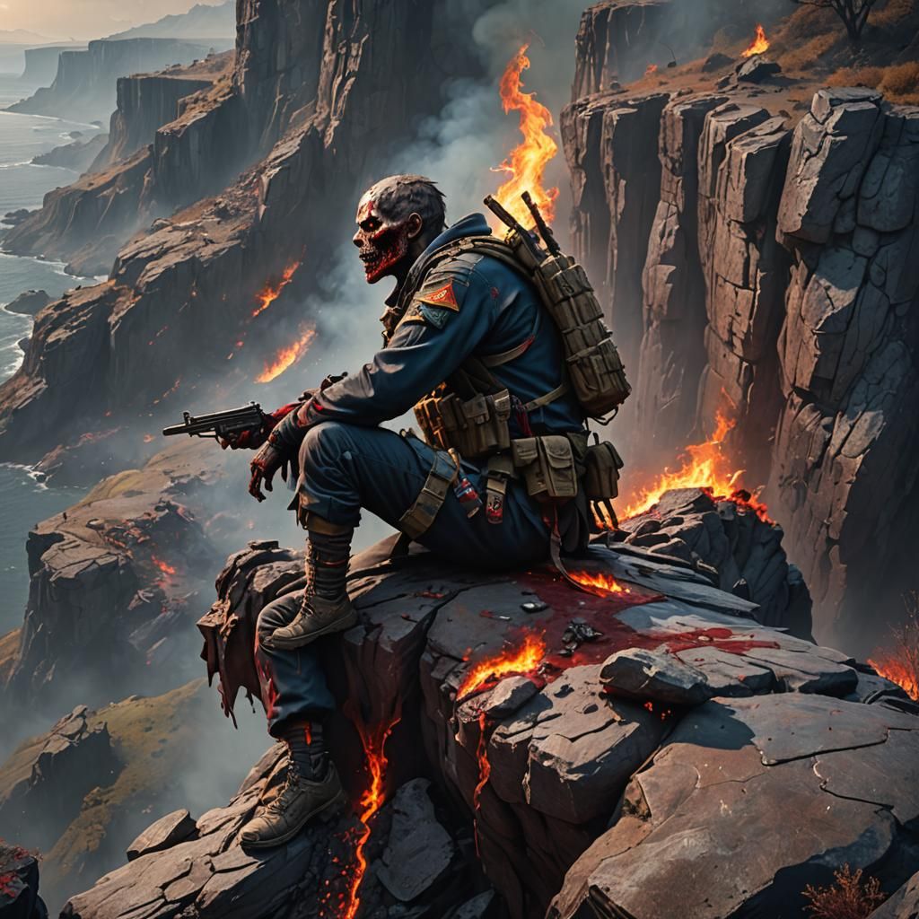 Bloody Zombie Soldier on Cliff Edge in Fantasy Art