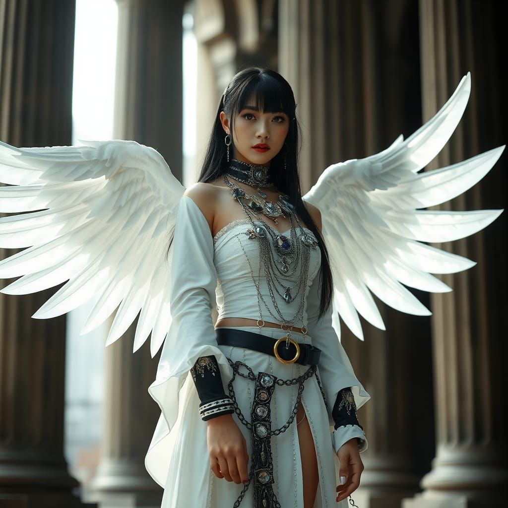Ethereal Asian Girl Portrait with Angelic Wings