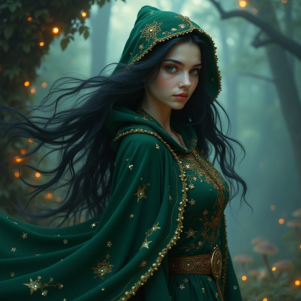 Mystical Enchantress in Emerald Velvet Cloak