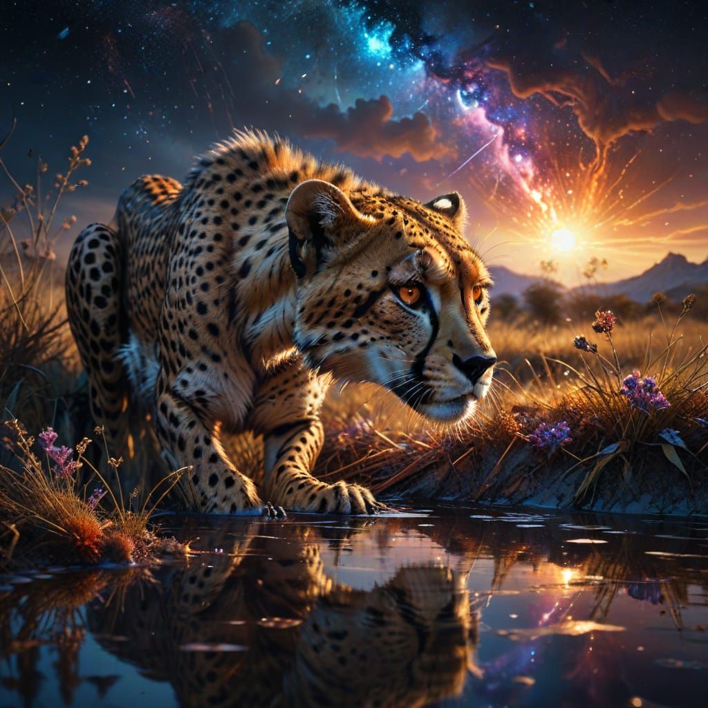 Cheetah's Reflection in Starry Savanna Waterhole
