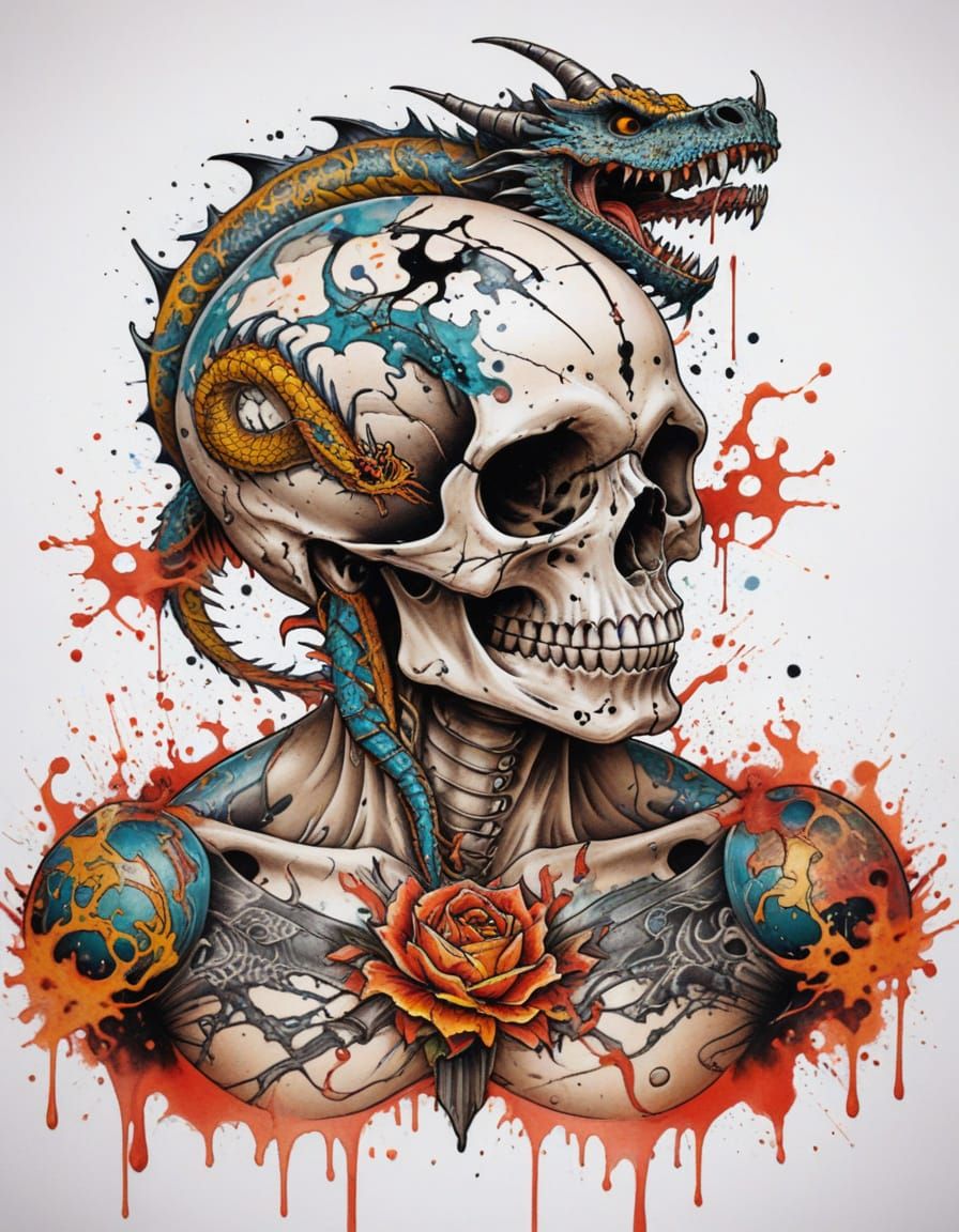 Vibrant Neo-Traditional Skull with Dragon Tattoo Art
