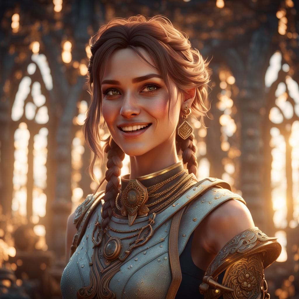 Beautiful Woman with Smile in 3D Game Cinematic Style