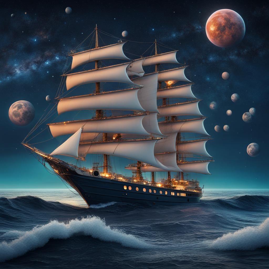 Sailing Ship Under Alien Skies at Sunset