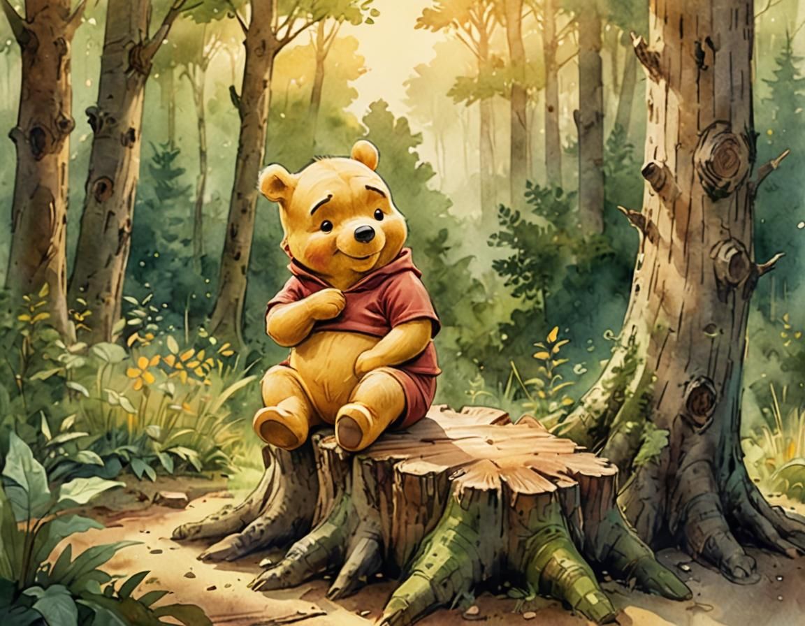 Winnie the Pooh in Forest, Watercolor Illustration