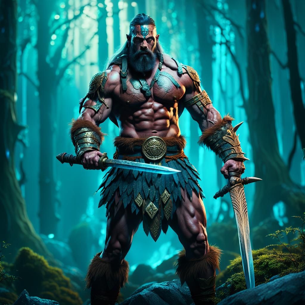 Muscular Barbarian Warrior in Mystical Forest: Fantasy Art