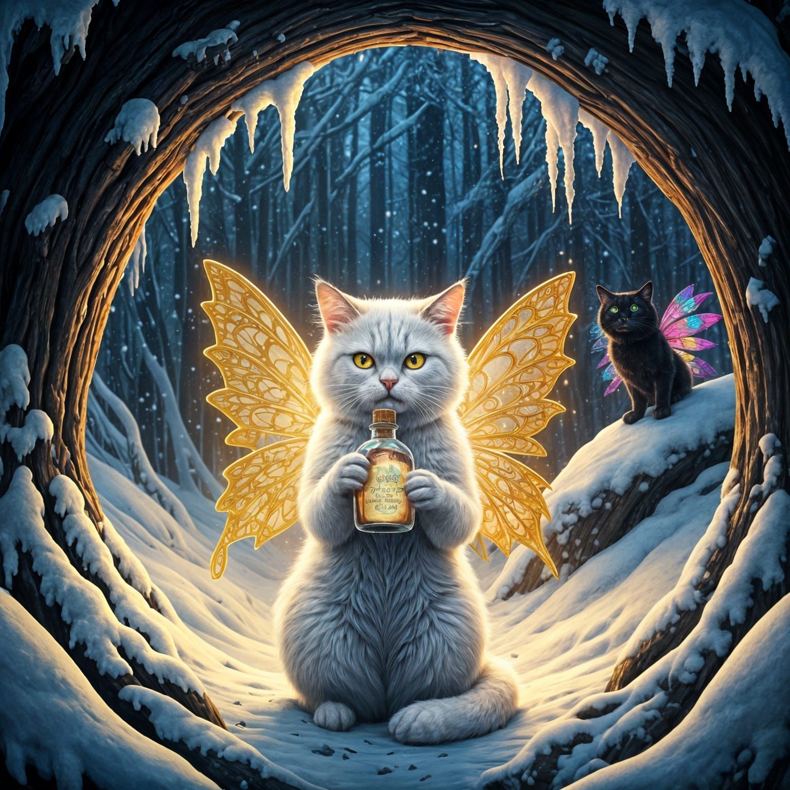 Golden Winged Cat in Winter Forest, Digital Painting