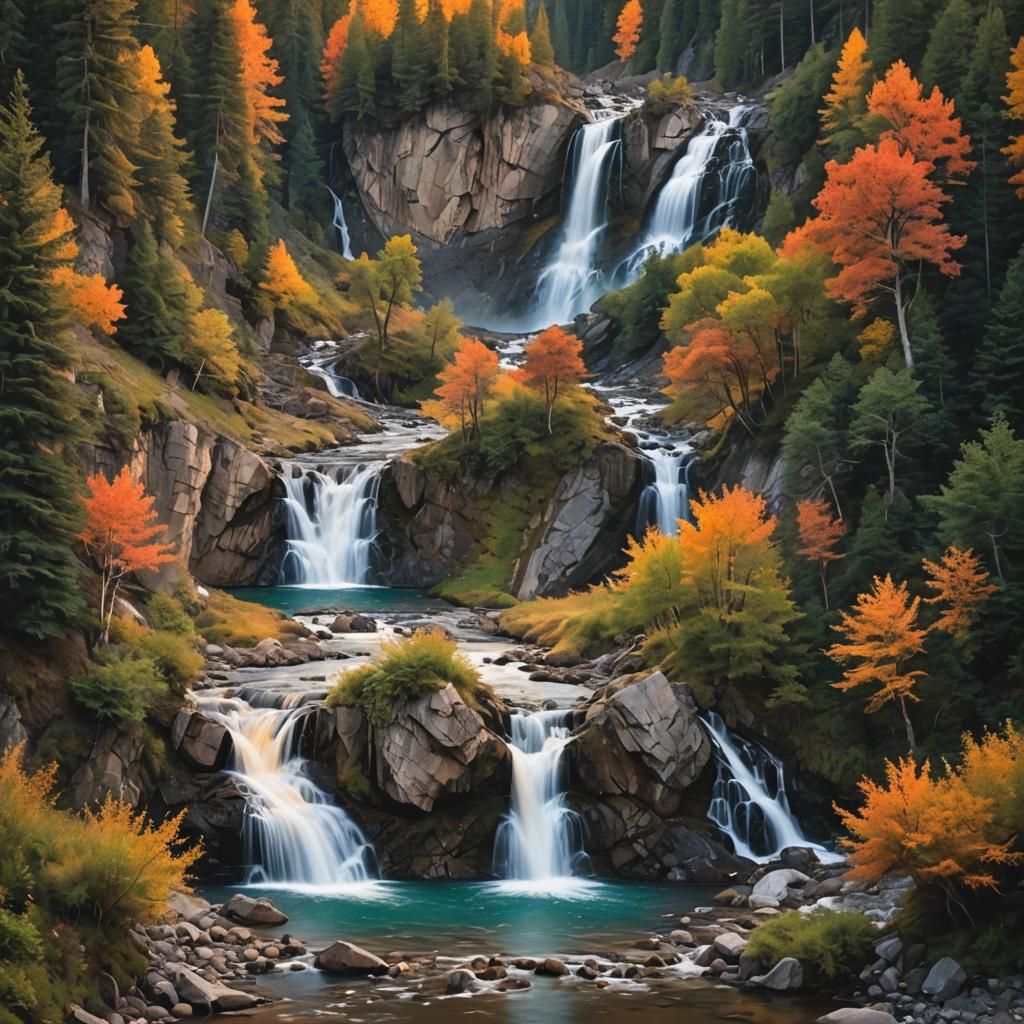 Autumn Sunset Over Mountain Stream
