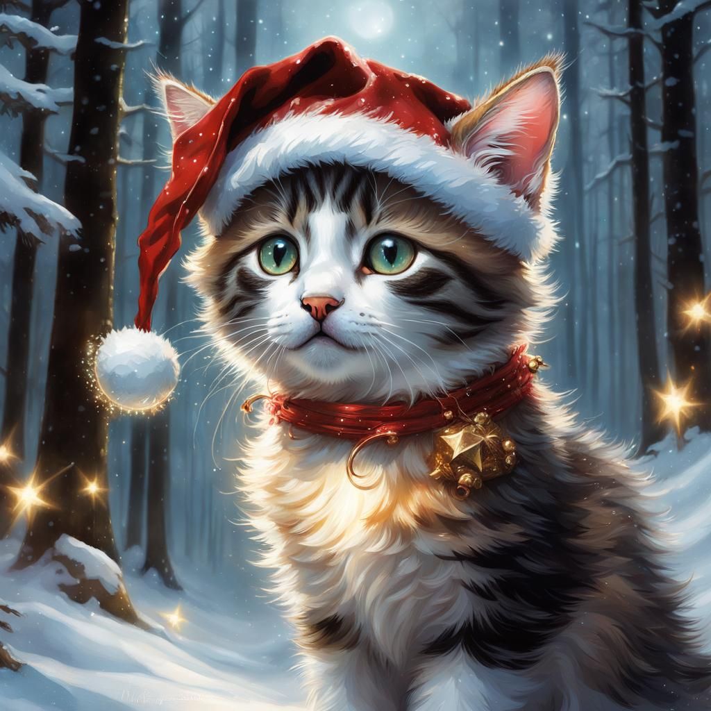 Festive Kitten Santa in Enchanted Winter Forest