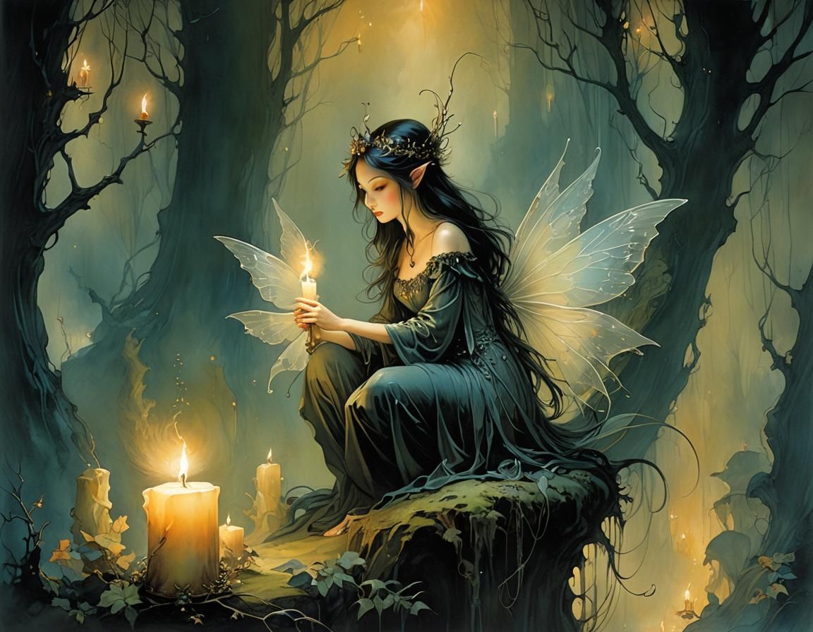 Fairy by Candlelight in Magical Forest Painting