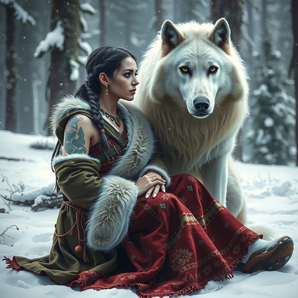 Surreal Warrior Goddess in Snowy Winter Landscape as Fantasy...